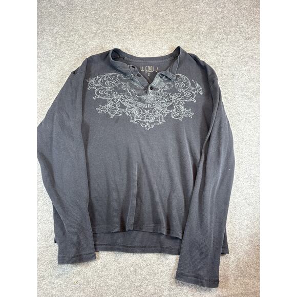 LL Cool J Long Sleeve Henley Shirt Mens XL Black Waffle Knit Intricate Graphic - Picture 1 of 5